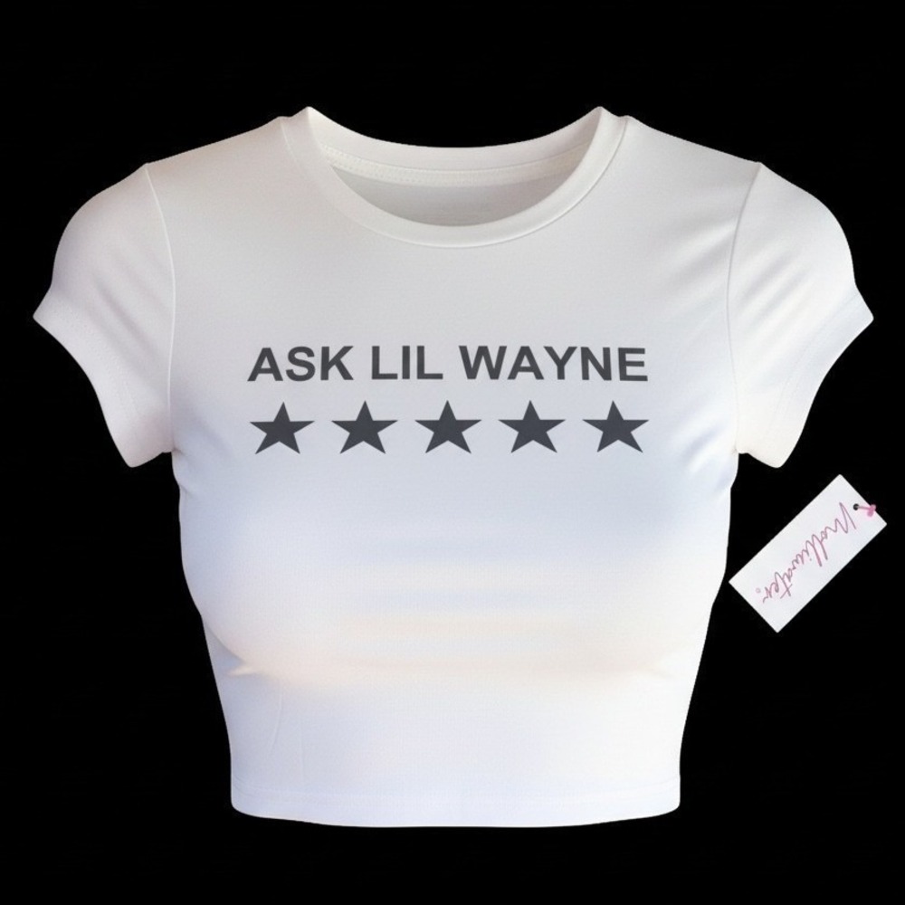New Small "Ask Lil Wayne" White Graphic Crop Top Baby Tee Y2k
